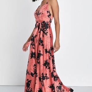 Floral Coral and Black Satin Maxi Dress with Tie Waist